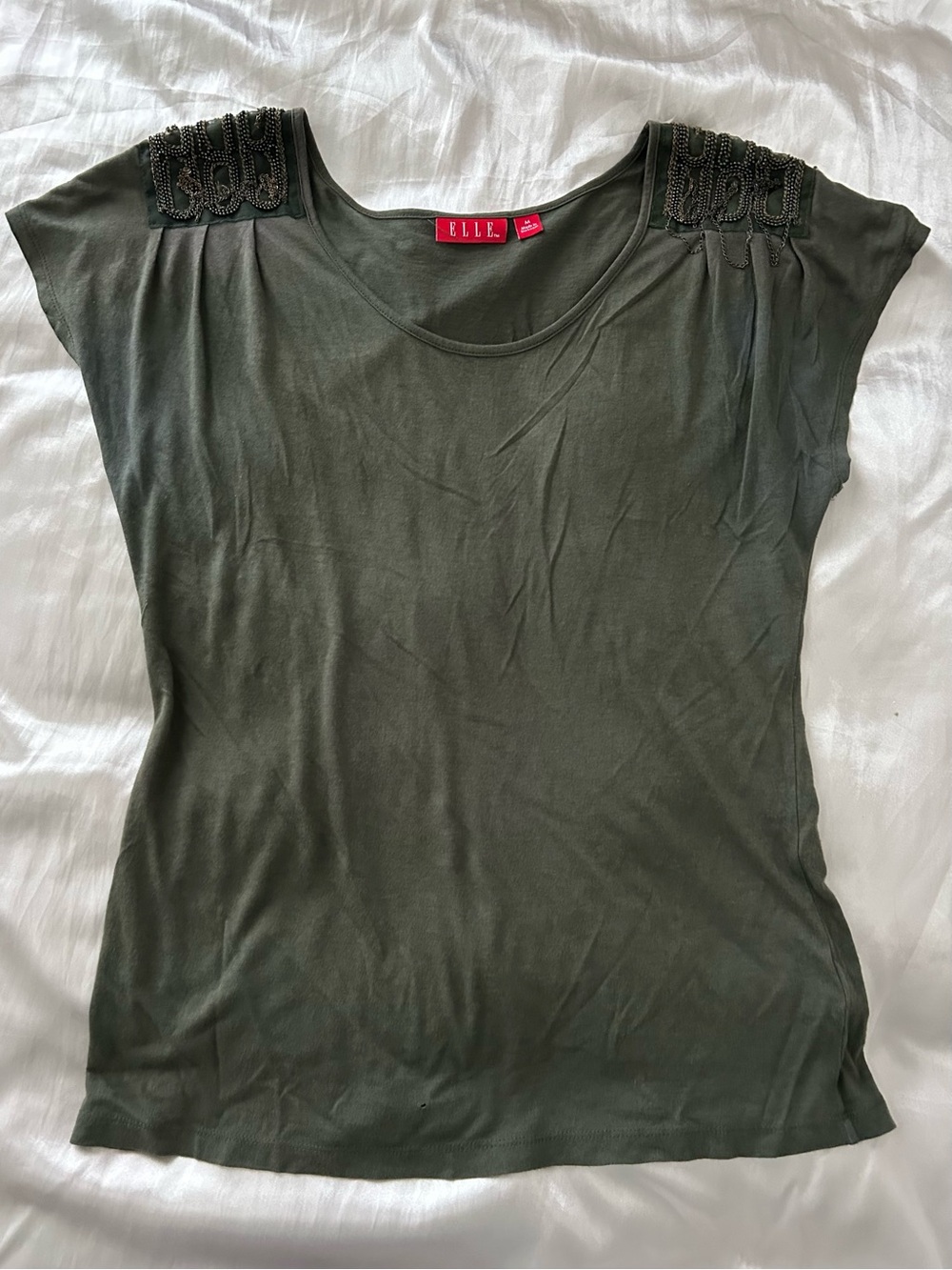 ELLE Olive Embellished Shoulder Short Sleeve Tee